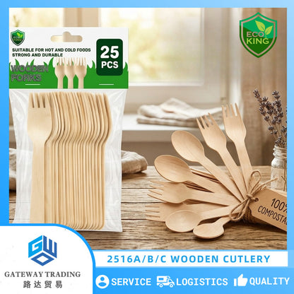 Eco King 25Pcs Wooden Utensils Disposable Spoon Fork Spork Premium Quality Disposable Cutlery Set