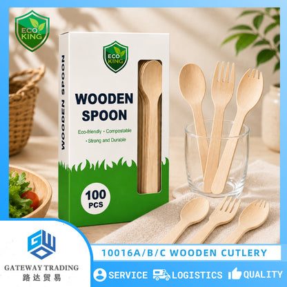 Eco King 100Pcs Wooden Utensils Disposable Spoon Fork Spork Set High Quality Disposable Cutlery Set