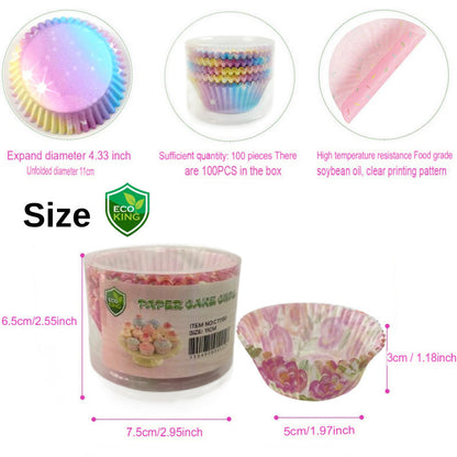 100Pcs Eco King Paper Cupcake Liner Multi Colored Premium Quality Oven Safe Baking Supplies