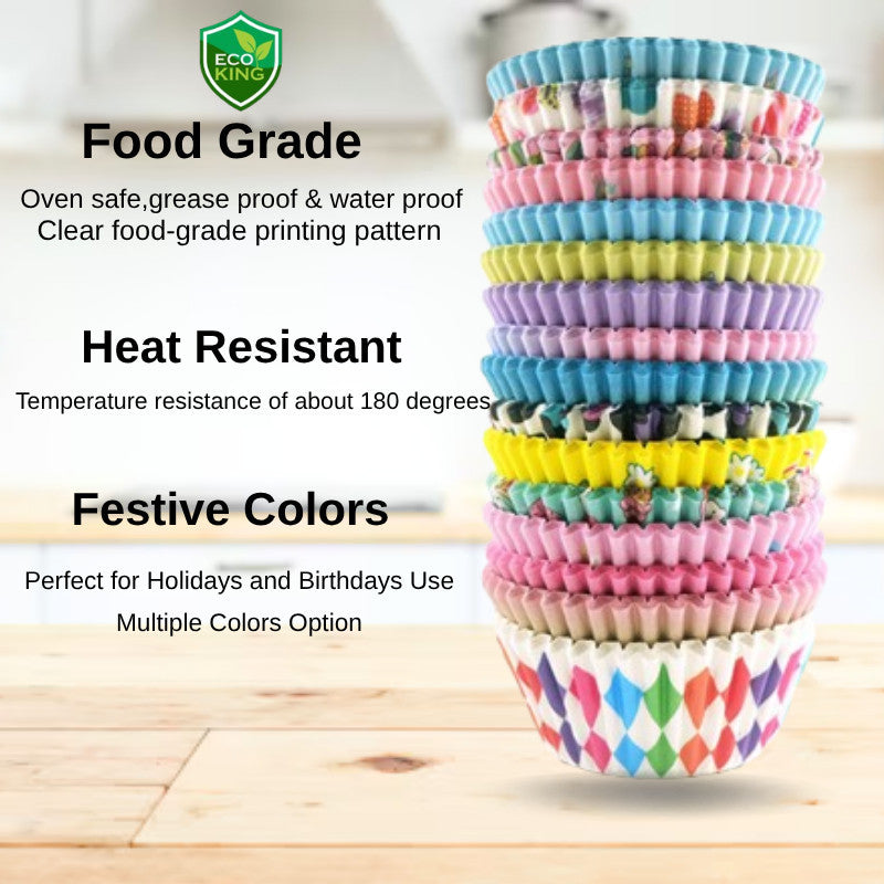 100Pcs Eco King Paper Cupcake Liner Multi Colored Premium Quality Oven Safe Baking Supplies