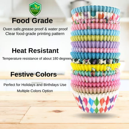 100Pcs Eco King Paper Cupcake Liner Multi Colored Premium Quality Oven Safe Baking Supplies