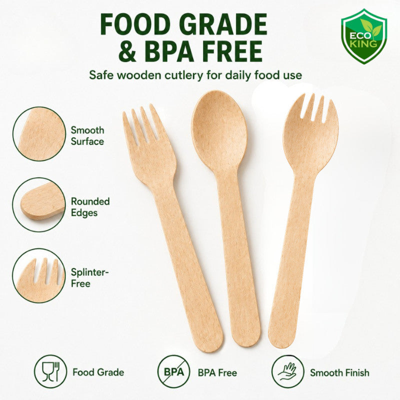 Eco King 25Pcs Wooden Utensils Disposable Spoon Fork Spork Premium Quality Disposable Cutlery Set