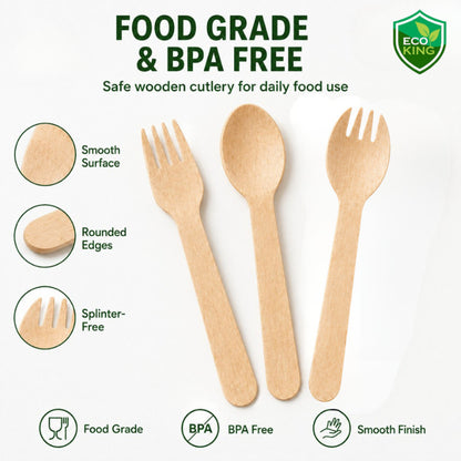Eco King 25Pcs Wooden Utensils Disposable Spoon Fork Spork Premium Quality Disposable Cutlery Set