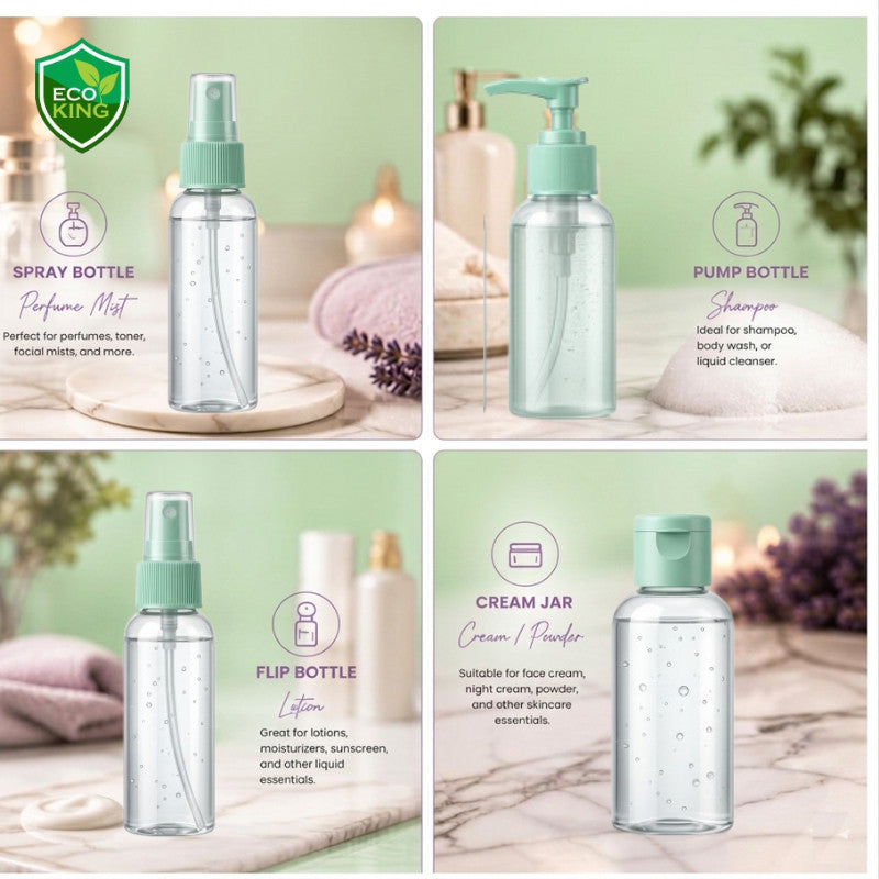 Eco King 4in1Travel Bottles Set Leak Proof Portable Toiletry Containers Set Clear Travel Size Kit
