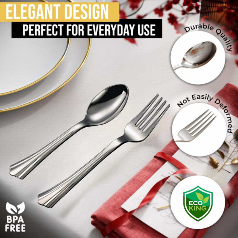 Eco King Silver Plastic Utensils Set Premium Quality Spoon Fork for Birthdays, Parties, Celebrations