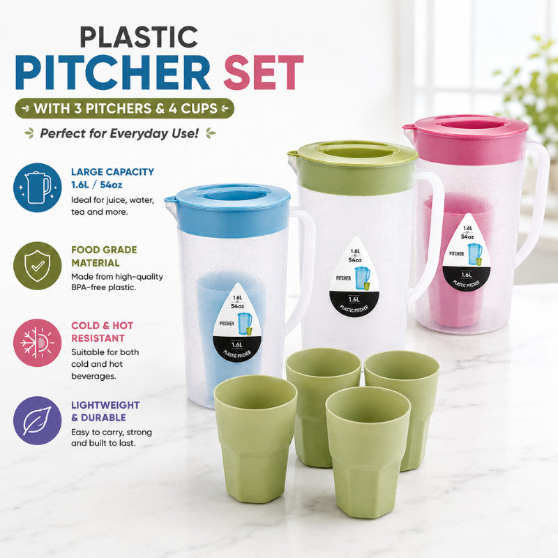 5in1 Water Pitcher Set with 4 Drinking Cups Large Capacity 1900ML High Quality Modern Design