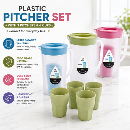5in1 Water Pitcher Set with 4 Drinking Cups Large Capacity 1900ML High Quality Modern Design