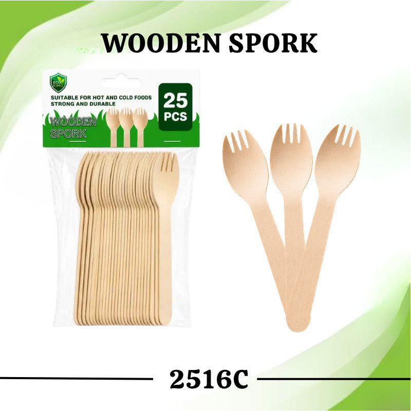 Eco King 25Pcs Wooden Utensils Disposable Spoon Fork Spork Premium Quality Disposable Cutlery Set