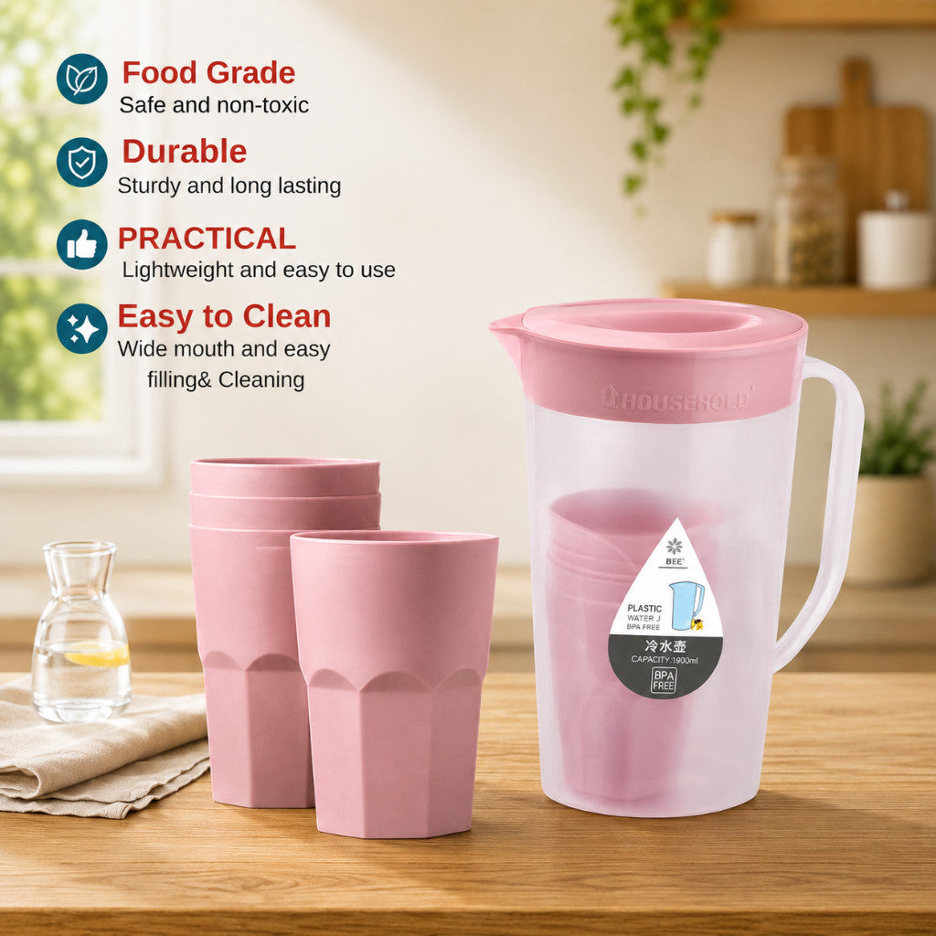 5in1 Water Pitcher Set with 4 Drinking Cups Large Capacity 1900ML High Quality Modern Design
