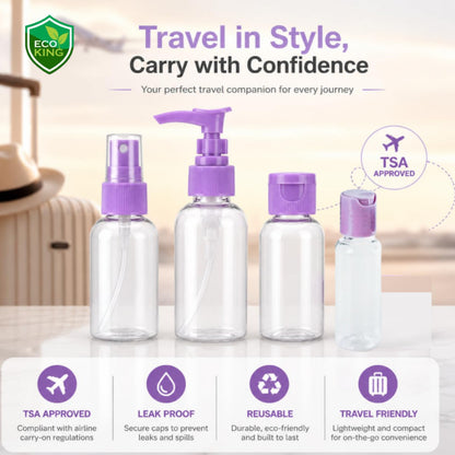 Eco King 4in1Travel Bottles Set Leak Proof Portable Toiletry Containers Set Clear Travel Size Kit