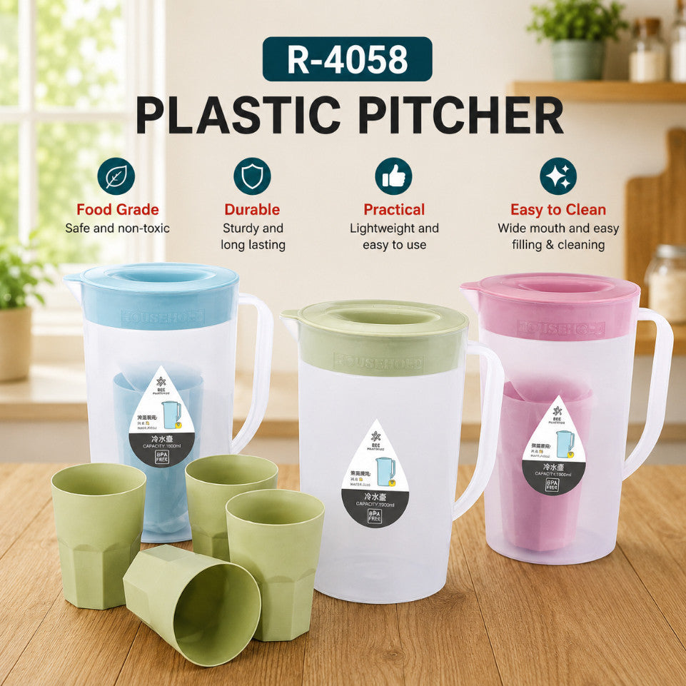 5in1 Water Pitcher Set with 4 Drinking Cups Large Capacity 1900ML High Quality Modern Design