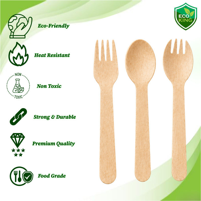 Eco King 100Pcs Wooden Utensils Disposable Spoon Fork Spork Set High Quality Disposable Cutlery Set