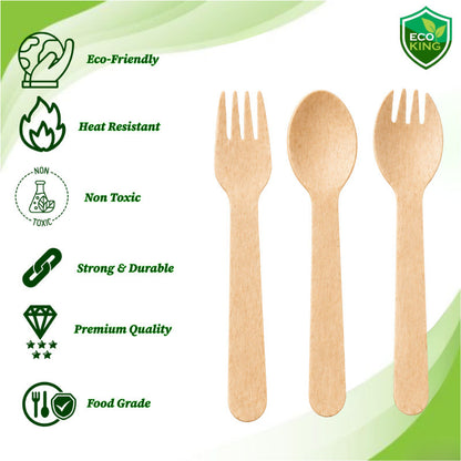 Eco King 100Pcs Wooden Utensils Disposable Spoon Fork Spork Set High Quality Disposable Cutlery Set