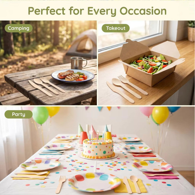 Eco King 100Pcs Wooden Utensils Disposable Spoon Fork Spork Set High Quality Disposable Cutlery Set