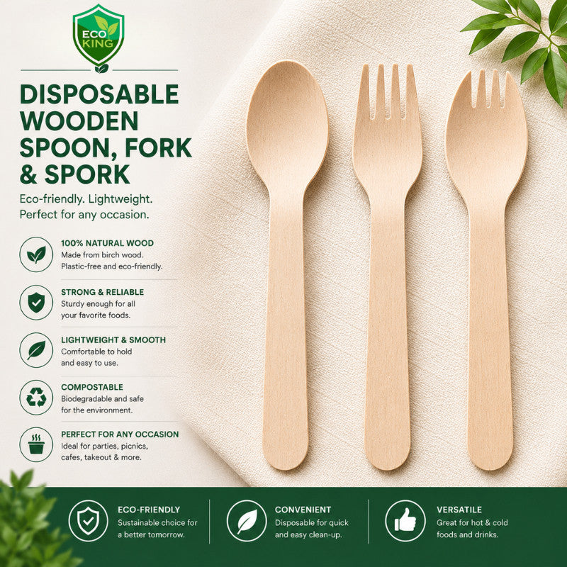 Eco King 100Pcs Wooden Utensils Disposable Spoon Fork Spork Set High Quality Disposable Cutlery Set