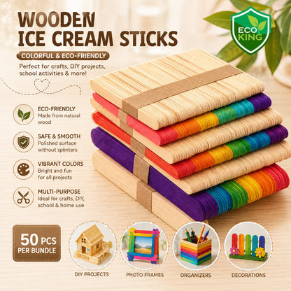 Eco King 50PCS Wooden Popsicle Sticks Kraft Ice Cream Sticks for Kids School Creative Arts & Crafts