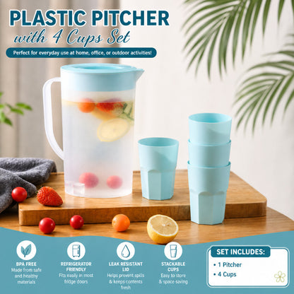5in1 Water Pitcher Set with 4 Drinking Cups Large Capacity 1900ML High Quality Modern Design