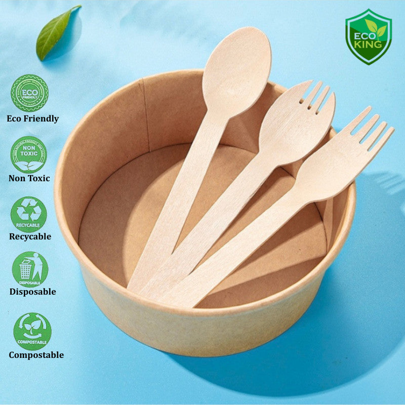 Eco King 25Pcs Wooden Utensils Disposable Spoon Fork Spork Premium Quality Disposable Cutlery Set