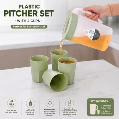 5in1 Water Pitcher Set with 4 Drinking Cups Large Capacity 1900ML High Quality Modern Design