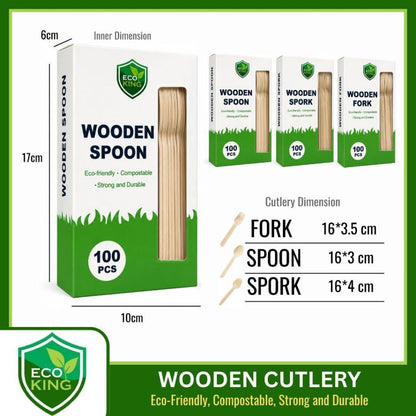 Eco King 100Pcs Wooden Utensils Disposable Spoon Fork Spork Set High Quality Disposable Cutlery Set