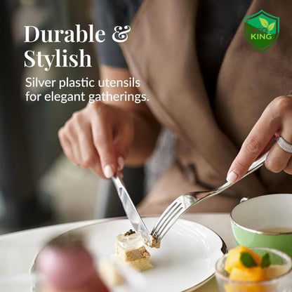 Eco King Silver Plastic Utensils Set Premium Quality Spoon Fork for Birthdays, Parties, Celebrations